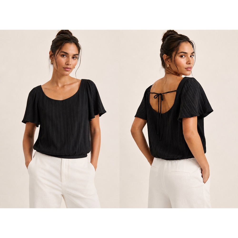 ASTR The Label Womens Tie Back Flutter Sleeve Top Size S Black Blouse